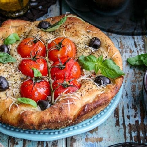 Dutch Oven Tomato and Olive Focaccia