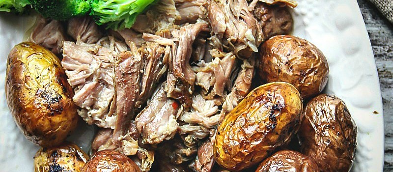Slow Cooker Pulled Apart Pork with Potatoes and Broccoli