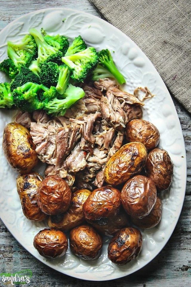 Slow Cooker Pulled Apart Pork with Potatoes and Broccoli