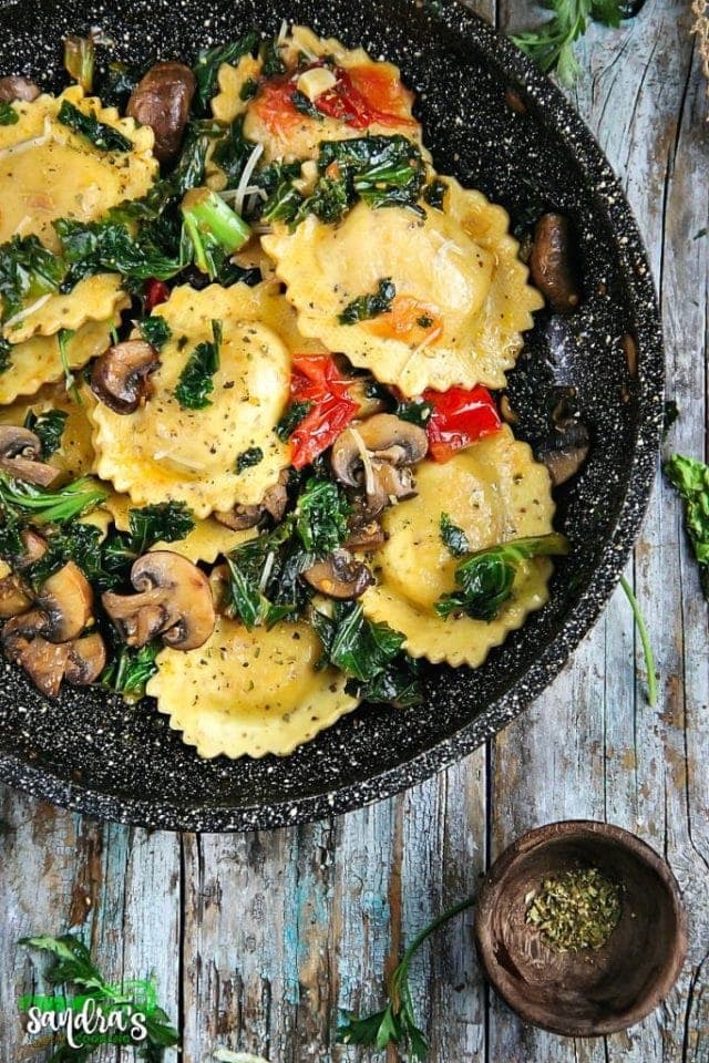 Sautéed Kale and Mushrooms with Ravioli