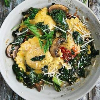 Sautéed Kale and Mushrooms with Ravioli