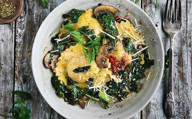 Sautéed Kale and Mushrooms with Ravioli