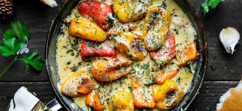 Sweet Pan Roasted Peppers with Garlic Infused Sauce