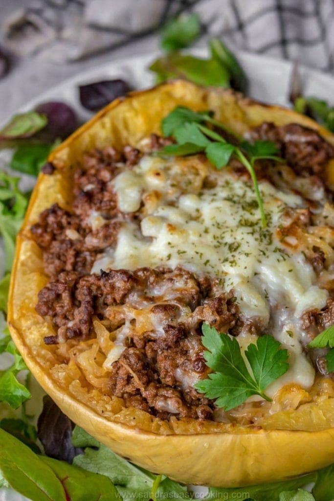 Beef and Sauce Stuffed Spaghetti Squash Boats - Sandra's Easy Cooking