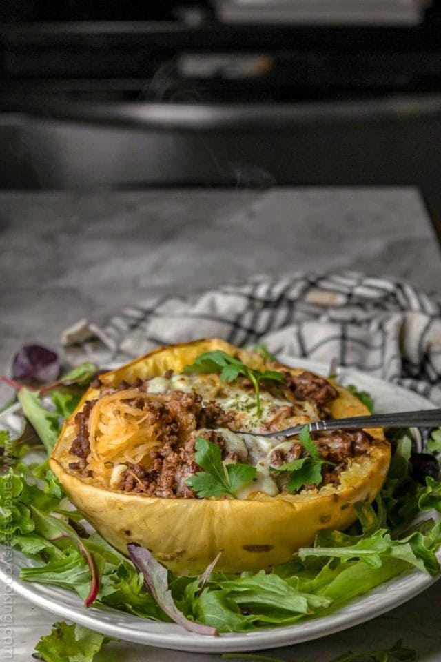 Beef and Sauce Stuffed Spaghetti Squash Boats