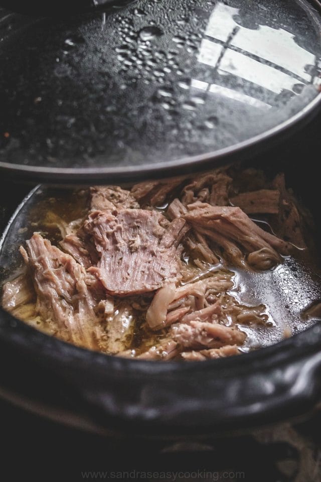 Slow Cooker Pulled Apart Pork with Potatoes and Broccoli