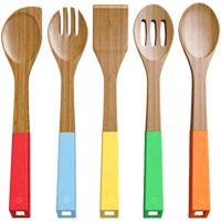 Vremi 5-Piece Bamboo Kitchen Utensil Set - Wooden Spoons and Cooking Utensils with Colorful SIlicone Handles - Nonstick Spatula Turner Mixing Forked and Slotted Wood Spoons with BPA Free Hanging Holes