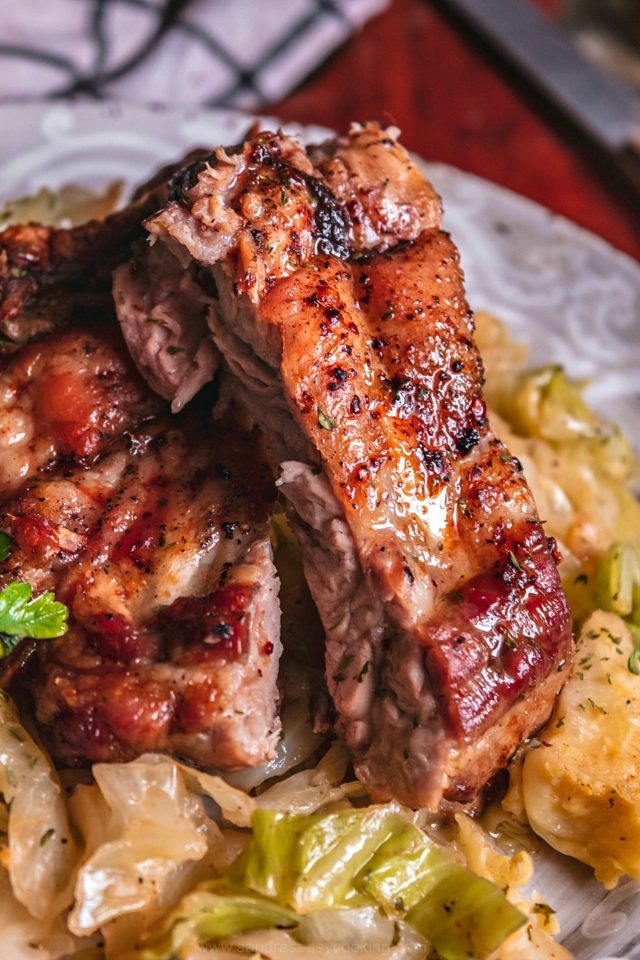 An easy and delicious recipe for Airfryer Baby Back Ribs with sauteed cabbage.