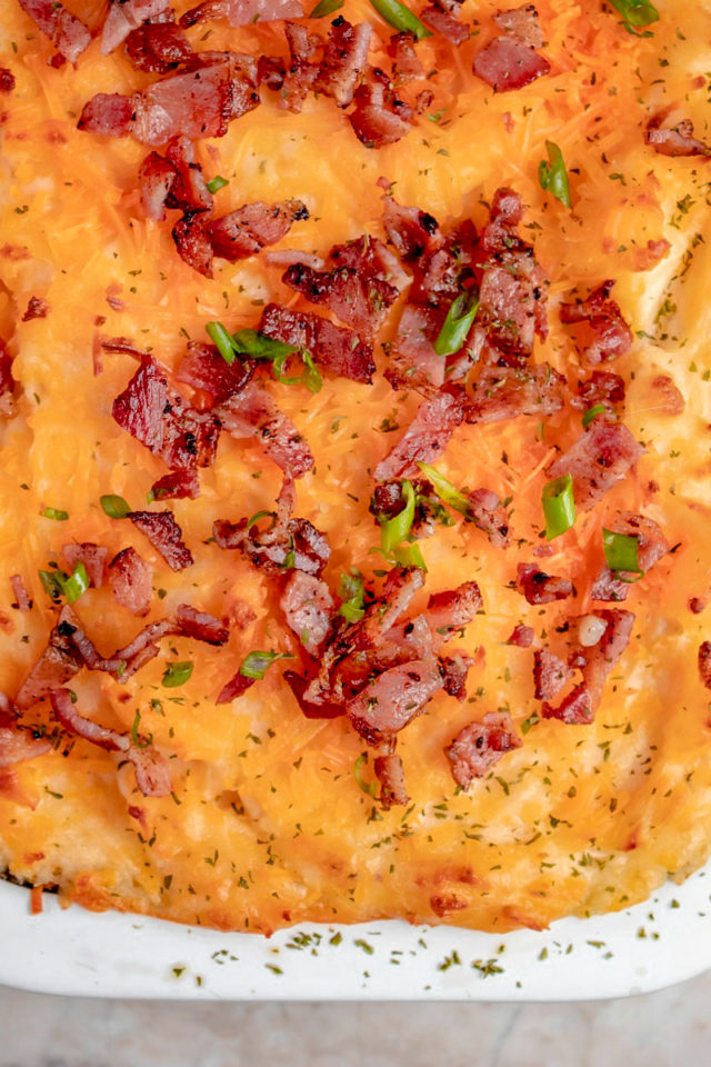 Loaded Mashed Potato Casserole recipe - Easy, tasty and a perfect side dish for your weeknight meals or holiday gatherings.