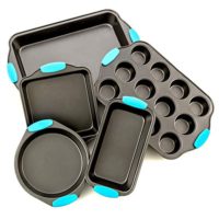 Bakeware Set -Premium Nonstick Baking Pans -Set of 5- Includes a Pie Pan, Square Cake Pan, Baking Pan, Bread Pan, Cup Cake Pan with Blue Silicone Hnadles By Intriom