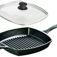 Lodge Seasoned Cast Iron Cookware Set - Square Grill Pan with Square Tempered Glass Lid (10.5 Inch)