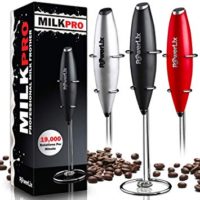 PowerLix Milk Frother Handheld Battery Operated Electric Foam Maker For Coffee, Latte, Cappuccino, Hot Chocolate, Durable Drink Mixer With Stainless Steel Whisk, Stainless Steel Stand Include (Black)