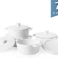 Sweese 510.101 Porcelain Ramekins, 7 Ounce Round Mini Casserole Dish with Lid, Set of 4, White