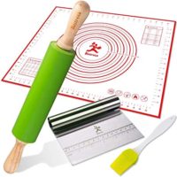 Rolling Pins for Baking Combo, Pastry Mat Kit With Chopper/Scraper and Basting Brush, Large 19x23 Inch Reusable Silicone Non-Slip Non-Stick Mat With Fondant/ Dough Measurements/Dough Roller Baking Set