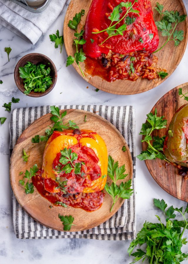 Vegetarian Stuffed Peppers are a tasty, easy and delicious meal idea. You can serve it as it is or with meat, poultry or fish. A perfect weeknight dinner.