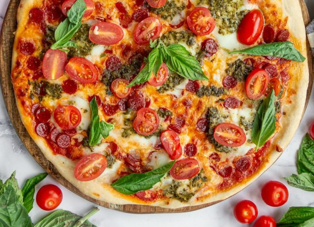 Pepperoni and Burrata Pizza with Pesto